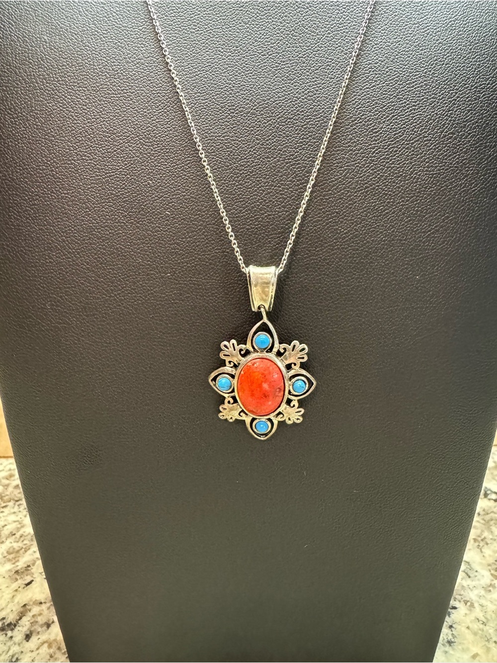 Sterling Silver 925 Coral and Turquoise Pendant Necklace